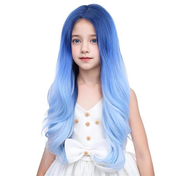 Kids Ombre Blue Wig Child Long Dark Blue to Light Blue Middle